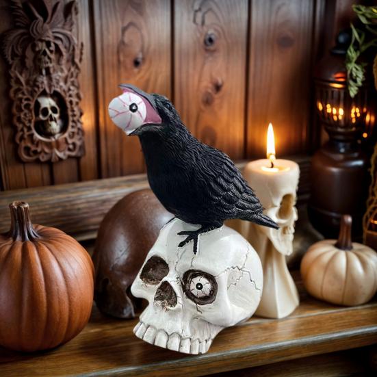 yangyizhi Raven on Skull Halloween Home Decor, Gothic Crow Statue, Bird Perching Skeleton Figurine, Macabre Ossuary Sculpture