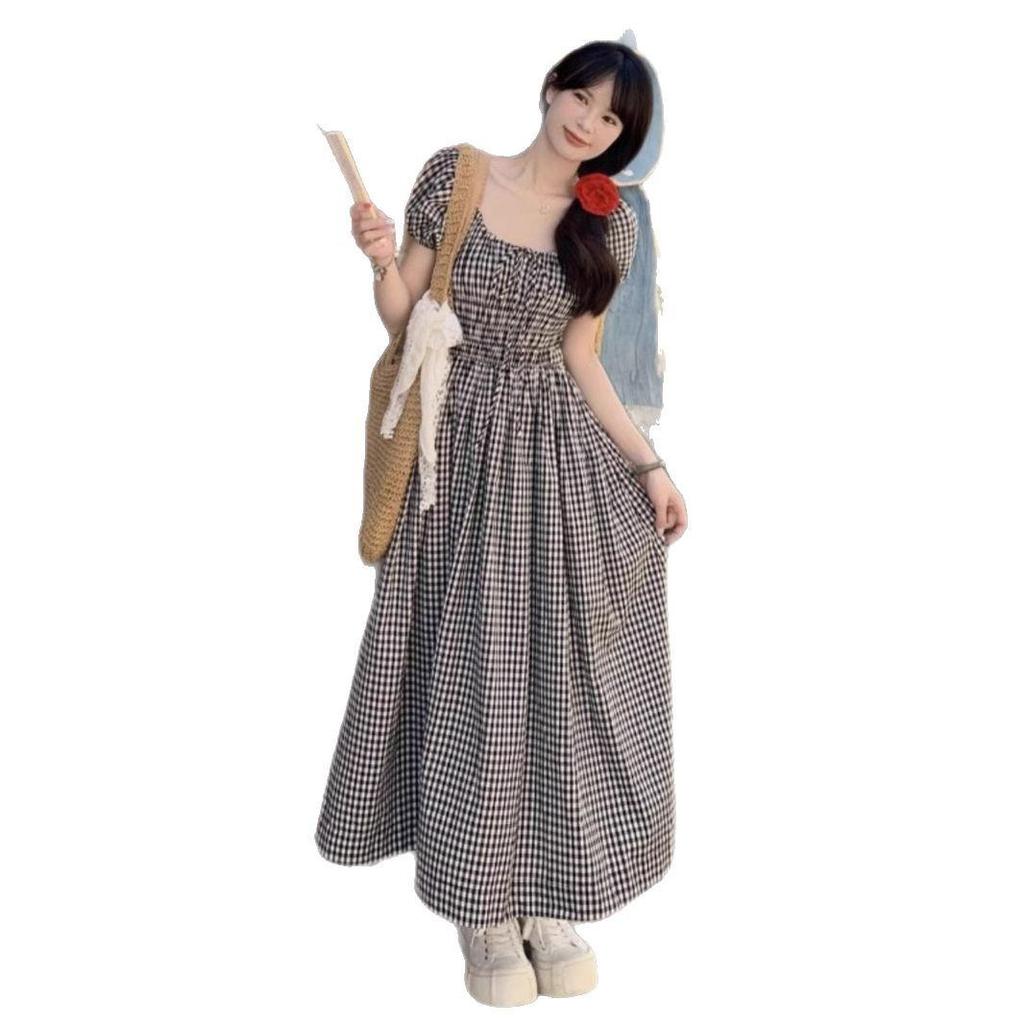 Летнее платье большого размера с клетчатым принтом, пышными рукавами, квадратным вырезом, омолаживающее, с завязкой, подчеркивающей талию, и длинной юбкой