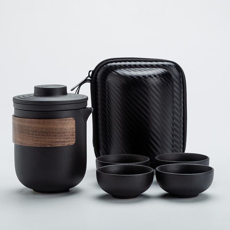 Black Crockery Ceramic Teapot Gaiwan Tea Cups Portable Travel Tea Set Drinkware 1Pot+4Cups