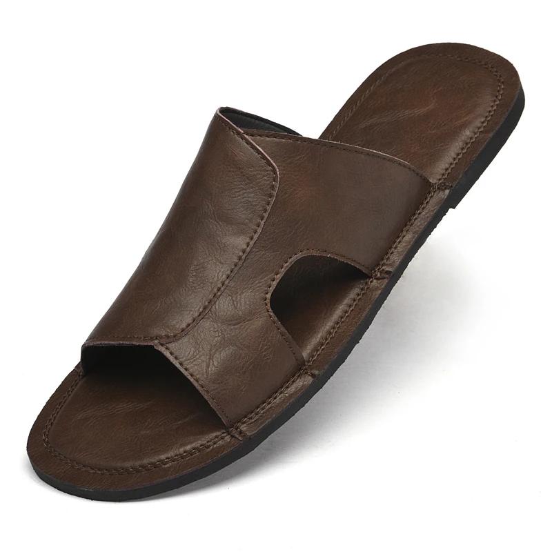 Мода Мода Мужские Сандалии на Мягкой Подошве Однотонные С Открытым Носком из Натуральной Кожи Сандалии для Ходьбы 2025 Новые Пляжные Дышащие Нескользящие Шлепанцы