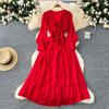 French Retro V-neck Three-dimensional Flowers Lantern Sleeve Dress Women's Waisted Temperament Swing Knee-length Elegant Long Dress