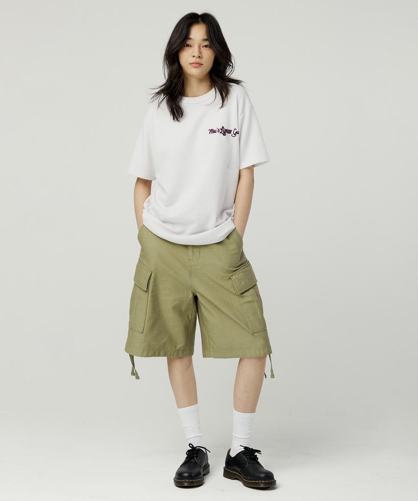 MAGOODGAN Swagber 3585 Waffle Chain Embroidery Semi-Overfit Dirty White Short Sleeve Tee