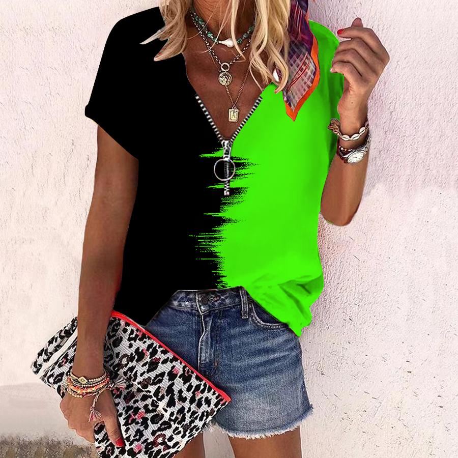 Женский топ, летняя новая мода, повседневный топ с короткими рукавами и застежкой-молнией с монтажом и принтом розы