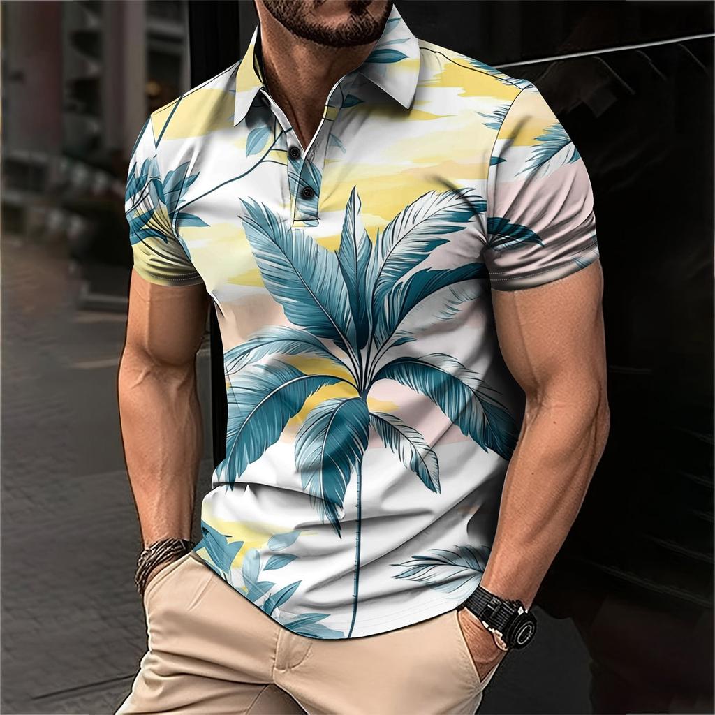Мужская рубашка для гольфа с гавайским принтом, повседневная спортивная, с V-образным вырезом и коротким рукавом