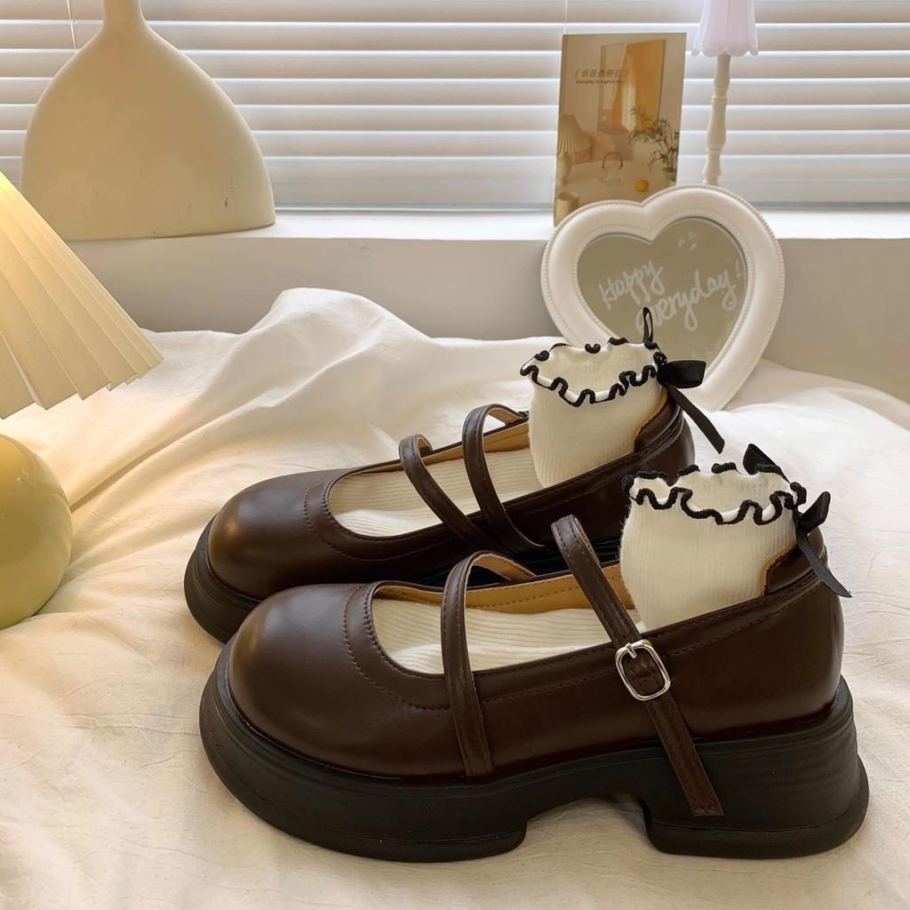 Leather Mary Jane Women's Shoes Japanese Style Lolita Round Toe High On Platform Female Footwear Black Gothic Vulcanized for A H