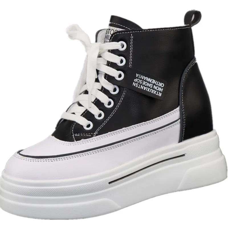 Кожаные Женские Ботинки на Толстой Подошве с Высоким Голенищем 2025 Осень Зима Новая Модная Молния Увеличение Высоты 8см Повседневные Кроссовки Обувь