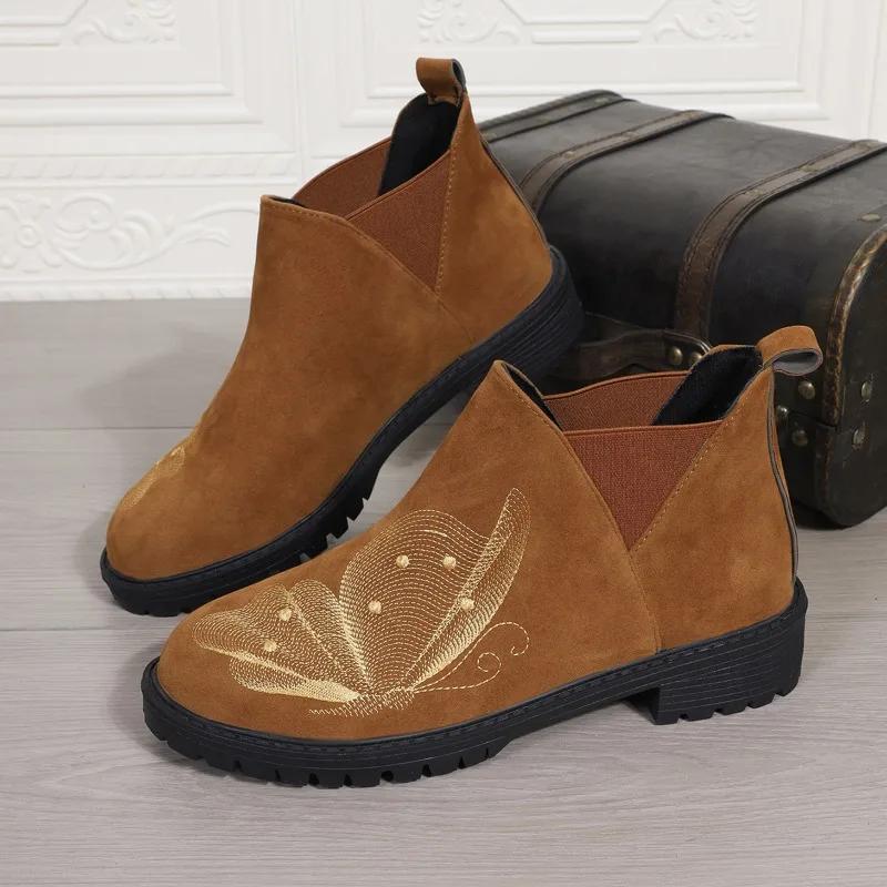 Fashion European American Women's Boots 2024 Autumn New Item Large Embroidered Butterfly Short Tube Elastic Women's Bare Boots Sneakers