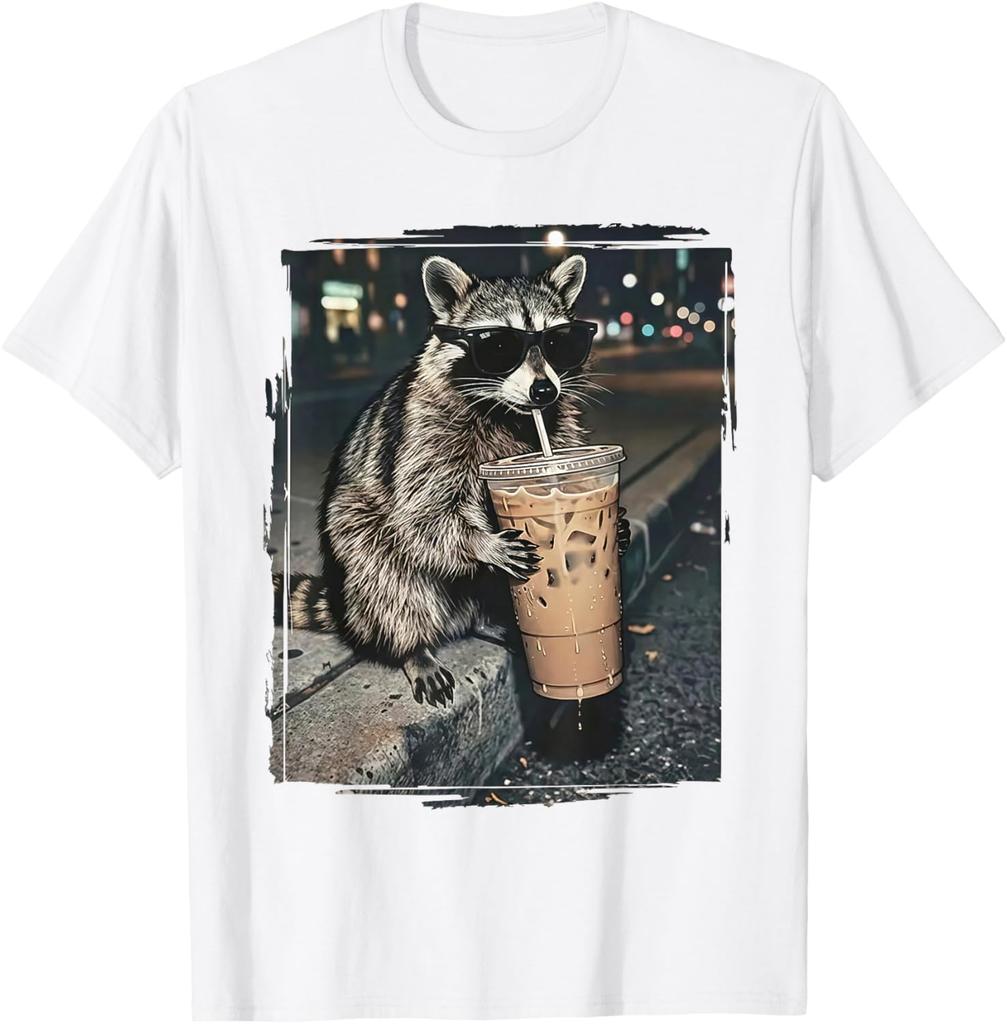 Raccoon Drinking Iced Coffee Funny Animal Meme Tshirt Unisex And Unisex Summer Cotton Clothing Fashion Round Neck Short Sleeved Tee