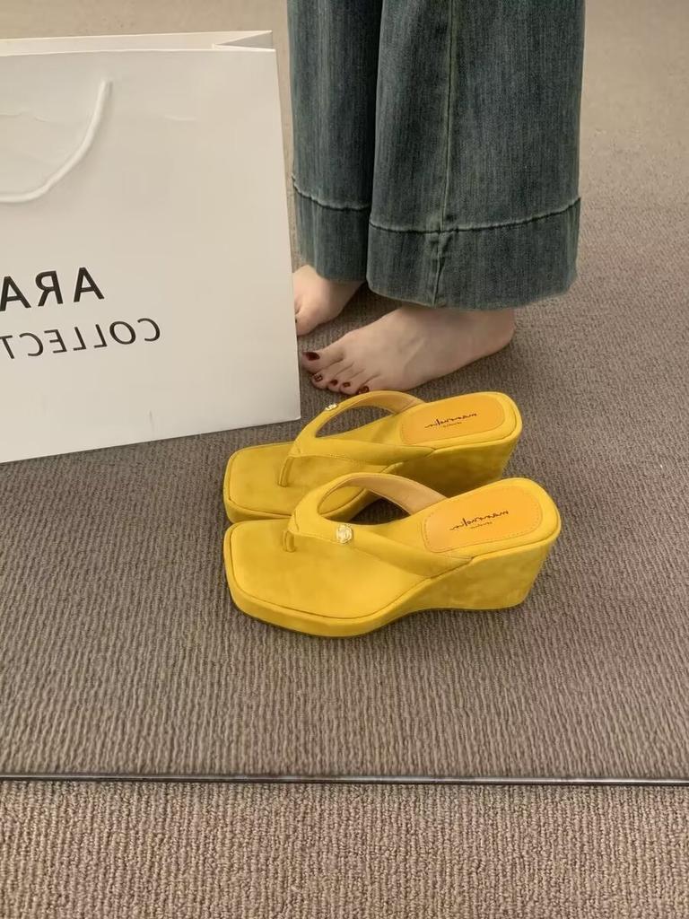 Мода Мода Квадратный носок Клипса Платформа Сандалии Женщина Шик Деним Клиновидные Шлепанцы Дамы Летний Уличный Стиль Толстый Высокий Каблук Шлепанцы