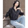 Dme [Easy to Layer] Spring Elegant Turndown Collar Cloud Cotton Shirt, Elastic Waist Hem, Slimming Blouse, Women's Top