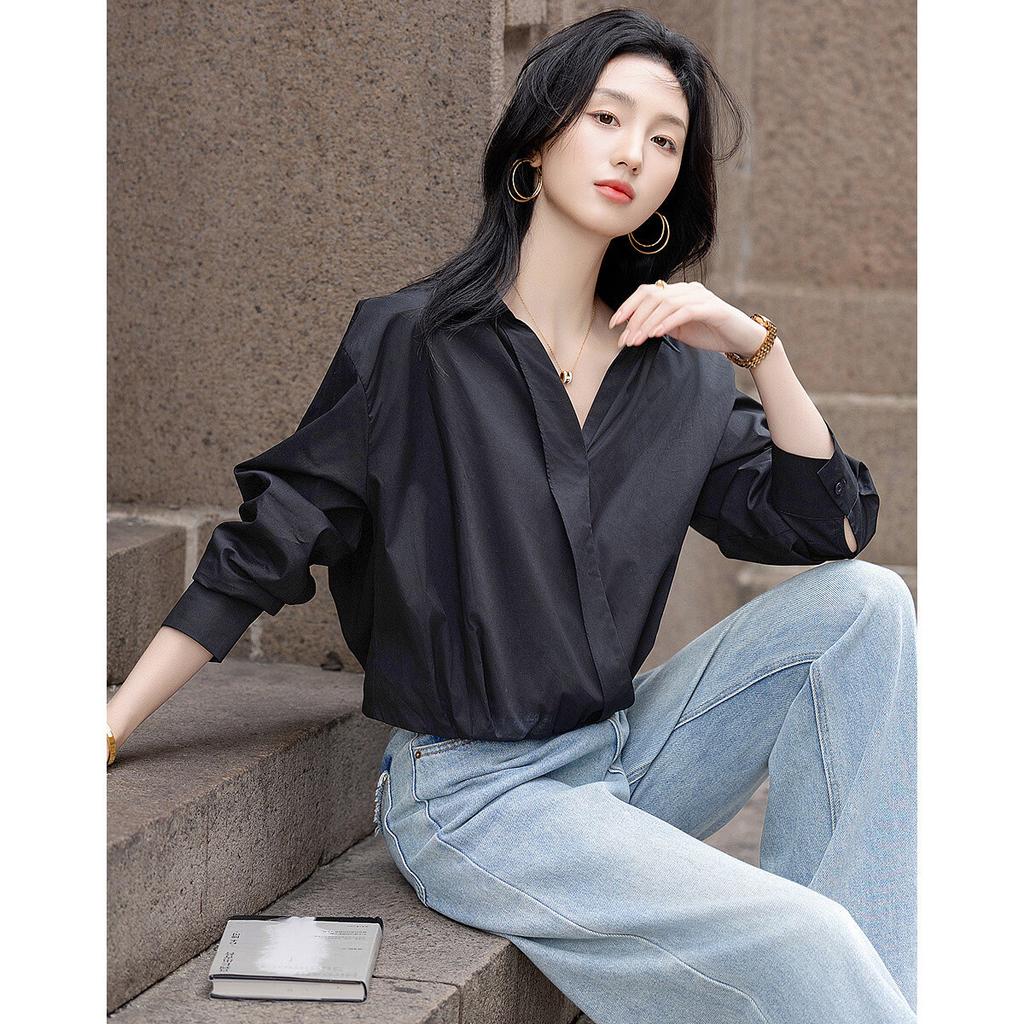 Dme [Easy to Layer] Spring Elegant Turndown Collar Cloud Cotton Shirt, Elastic Waist Hem, Slimming Blouse, Women's Top