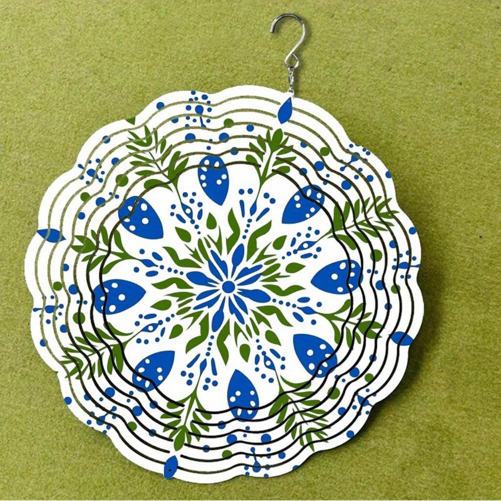 Bohemian Style Kinetic Wind Chime Metal Indoor Outdoor Hanging Decor Blue Green Floral Design Garden Patio Balcony Window Decoration All Season