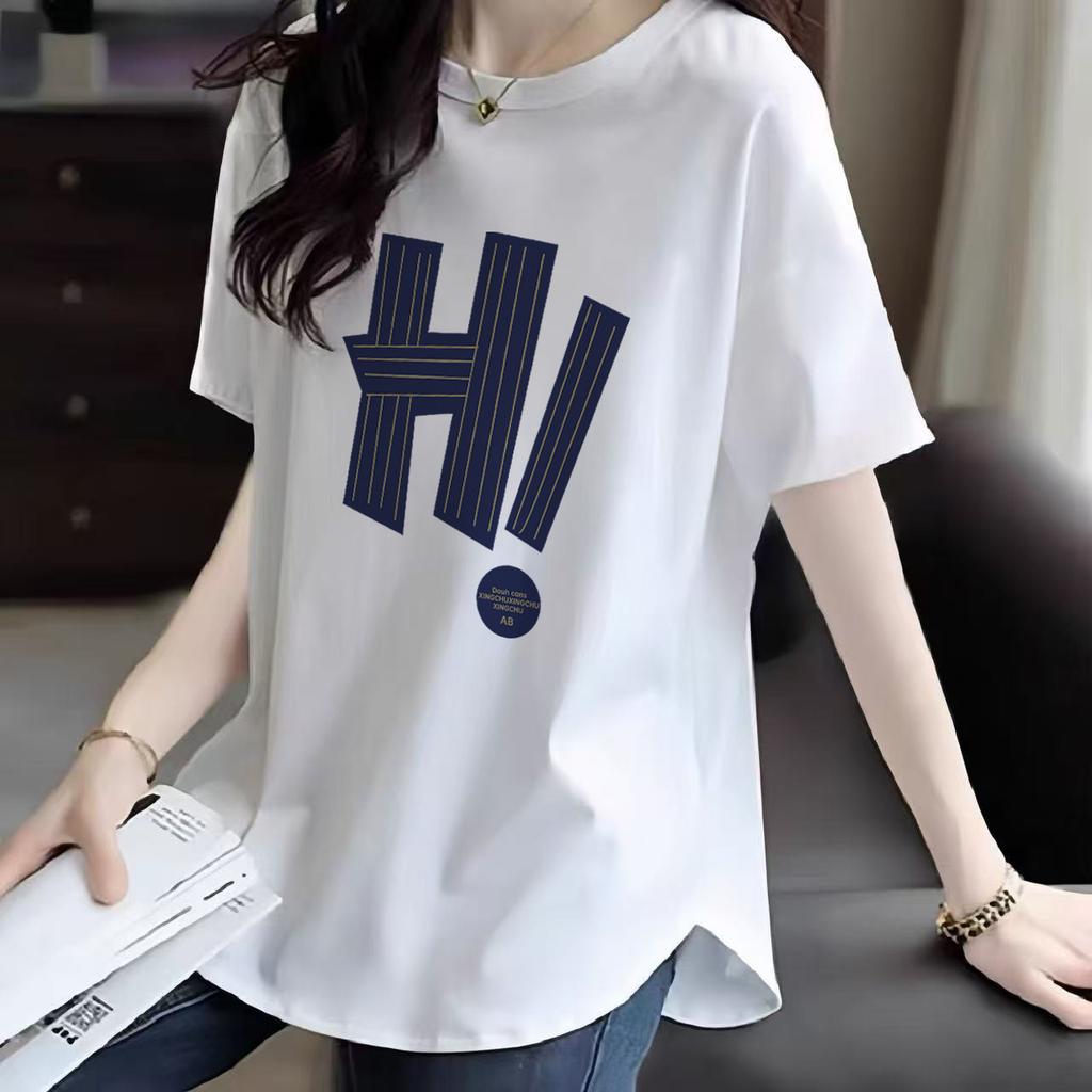 Pure Cotton White Mid-length Short-sleeved T-shirt for Women's Summer New Age-reducing Niche Curve Loose Slimming Base Shirt