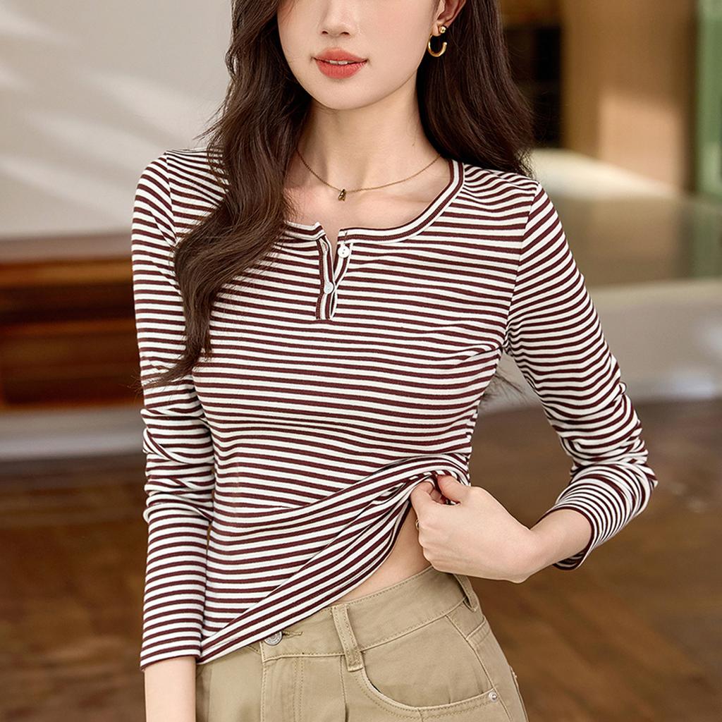 Cotton T-shirt Women Striped Long Sleeve Top Autumn and Winter New High-grade Sense of Foreign Gas Base Shirt