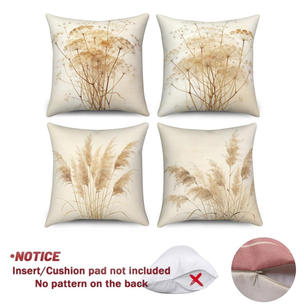 4Pcs/Set Pampas Grass Pillow Covers, Boho Botanical Cushion Cases, Polyester/Linen, Machine Washable Minimalist Farmhouse Decor