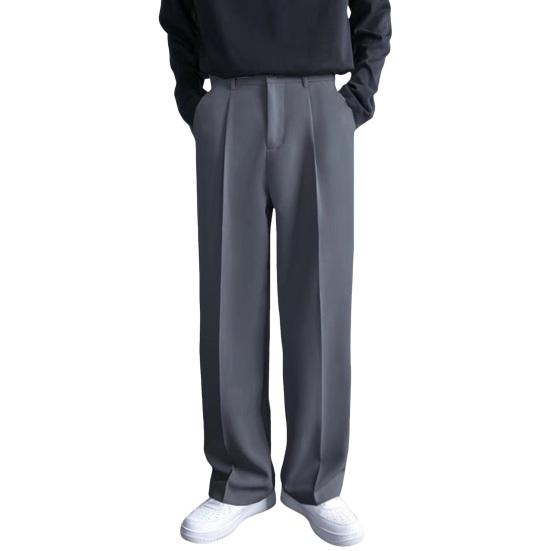 Men Suit Pants Button Zipper Closure Straight Leg Slacks Solid Color Loose Formal Business Style Office Wear Trousers