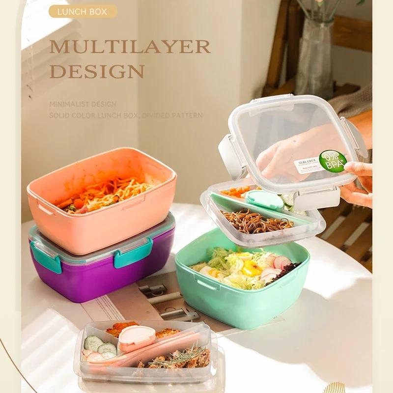 Double Layer Portable Picnic Fruit Salad Lunch Box Compartment Plastic Covered Cutlery Bento Lunchbox Food Storage Containers