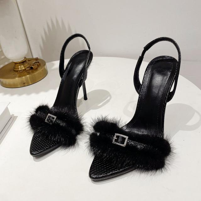Sexy Fluffy Fur Slingback Sandals Women Summer Pointed Toe Stiletto High Heels Pumps Shoes Rhinestone Party Dress Sandalias