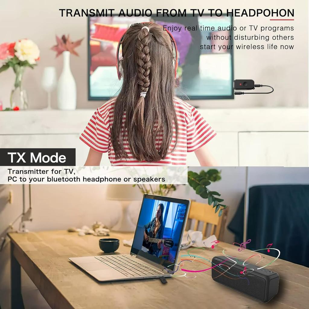 Transmitter Receiver, BT USB Adapter, Wireless Audio Transmitter for TV to Bluetooth Headphones, Low Latency, Power by USB for PC /Car Sound System