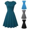 Fashion Women Solid Color V Neck Short Sleeve Plated Swing Party Banquet Dress