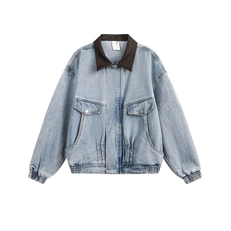 Men's Oversized Denim Jacket with Large Pockets and Leather Patchwork