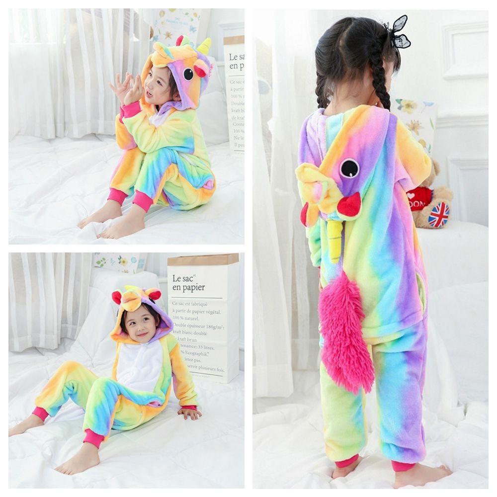 Rainbow Unicorn Kigurumi Pajamas for Kids Unisex Animal Flannel Cosplay Sleepwear with Shoes Boy