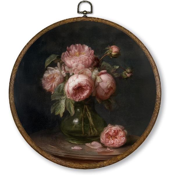 Qskjre Dark Moody Peony Floral Wall Art Decor, Vintage Cottagecore Pink Peonies Flower Round Wood Framed Canvas Wall Artwork, Shabby Chic Hanging