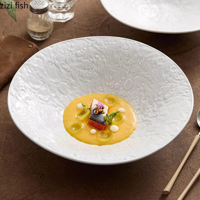 Lunar Textured Ceramic Small Footed Bowl Salad Bowl Spaghetti Bowl Dessert Bowls Deep Bowls Restaurant Creative Tableware