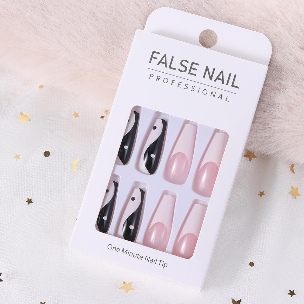 Fake Nails Ballerina Long Coffin with Taichi Design White and Black Mixed Colors False Nail Tips
