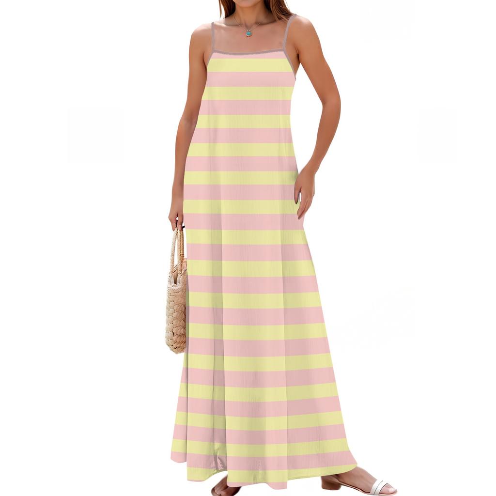 Women's Spring And Summer Casual Fashion Adjustable Suspenders Printed Long Dress