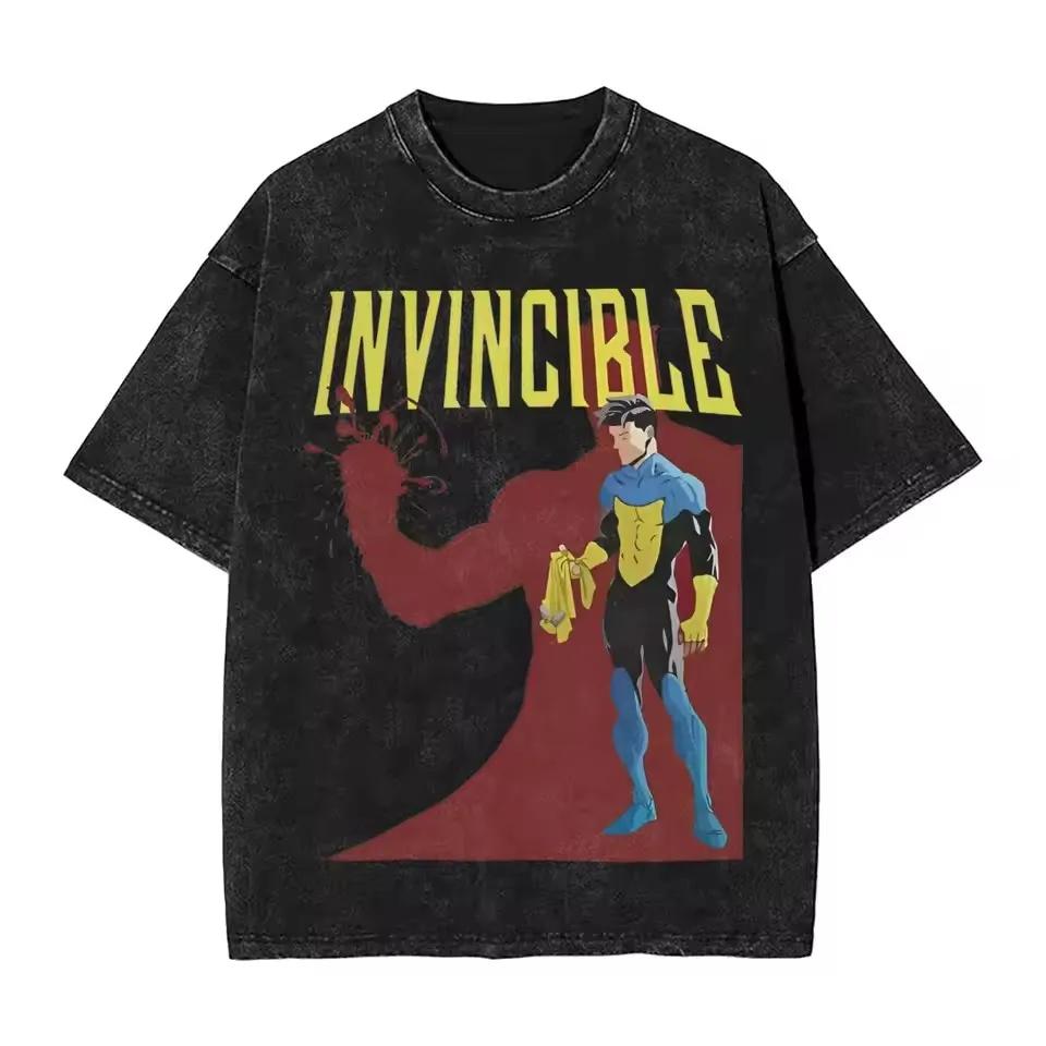 Invincible Gda Logo Graphic Tshirt Vintage Washed Superhero Anime Unisex Oversized Crew Neck Cotton Short Sleeve Tee Tops