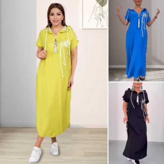 Summer Maxi Dress Zippered Hooded Drawstring Short Sleeves Loose Spit Hem Printed Patchwork Casual Daily Wear Long Dress
