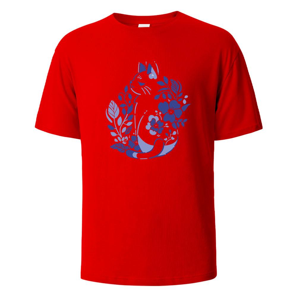 Mens Printed TShirt Blue And White Porcelain Cat Graphic 100Cotton Oneck Shortsleeved Tees For Men Women Summer Fashion Tops