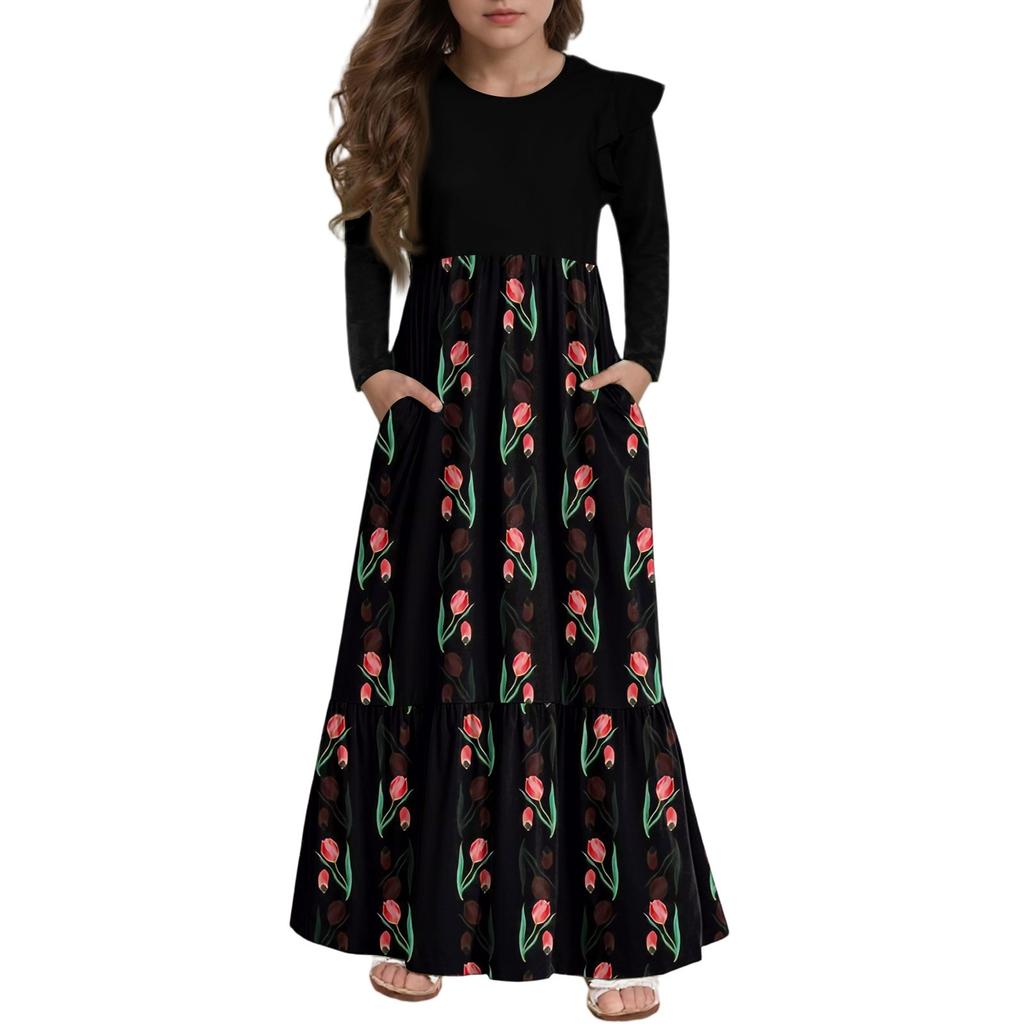 Girls' Tiered Ruffle Dress - Long Sleeve Printed Maxi With Pockets