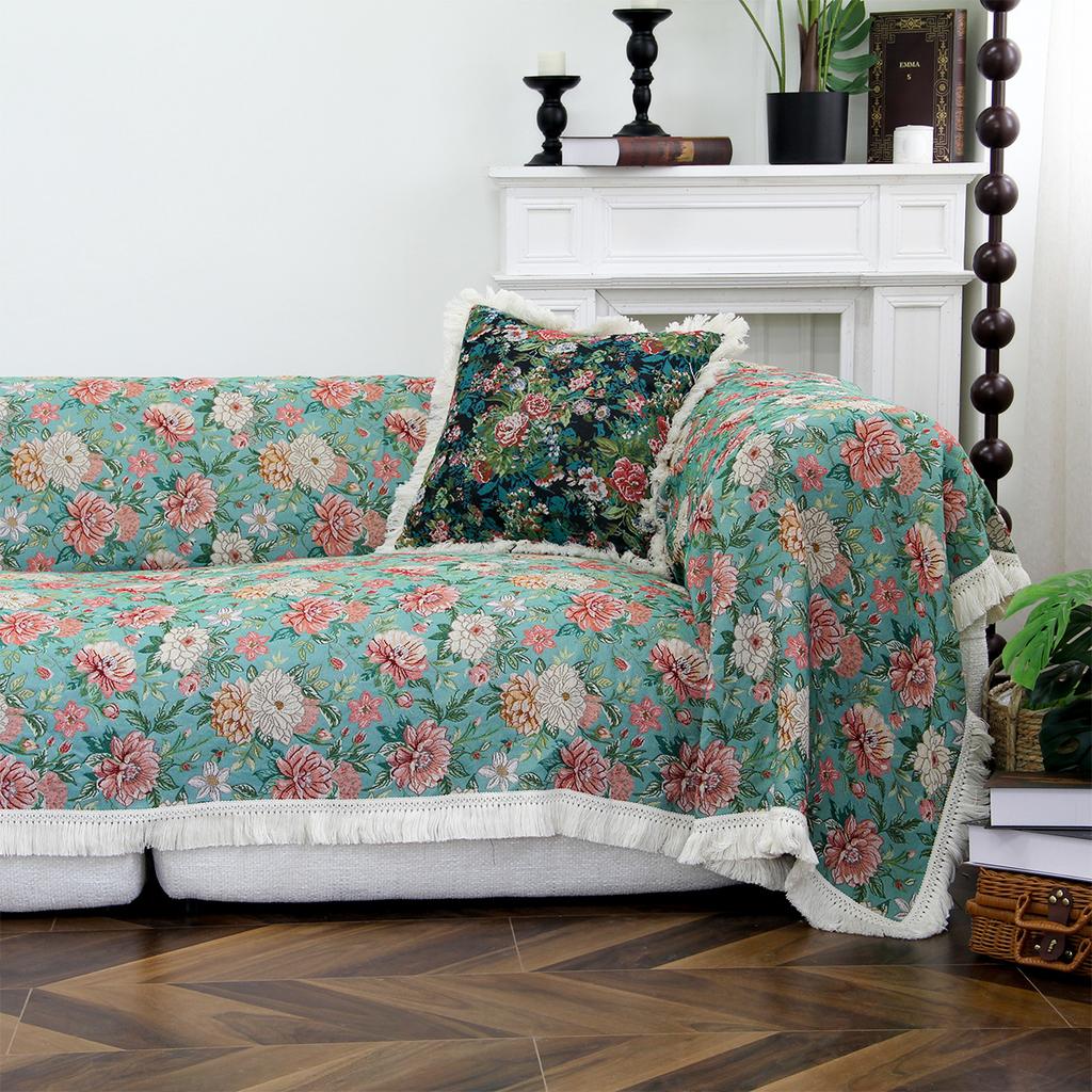 Lake Blue Jacquard Floral Sofa Cover Towel Anti-Cat Scratch Retro Festival Multifunctional Sofa Blankets Universal Sofa Cover