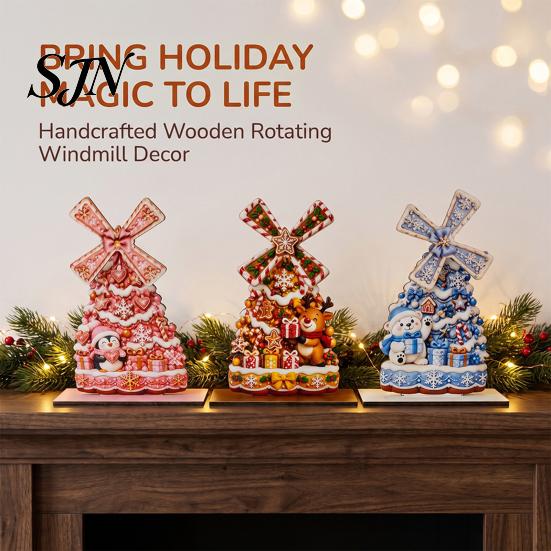 Christmas Gift for Family Windmill Wooden Ornament, Decorative Craft with Rotating Theme Desktop Ornament Blades, Handmade Figurine Holiday