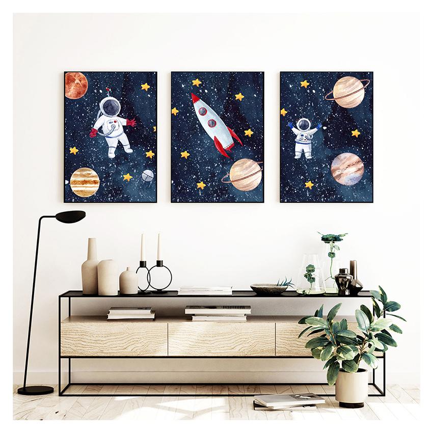 Звезда-ракета, настенная живопись на холсте, плакаты на скандинавскую тему и принты, настенные панно, декор для детской комнаты, мультфильм астронавт, Солнце, Земля, Луна