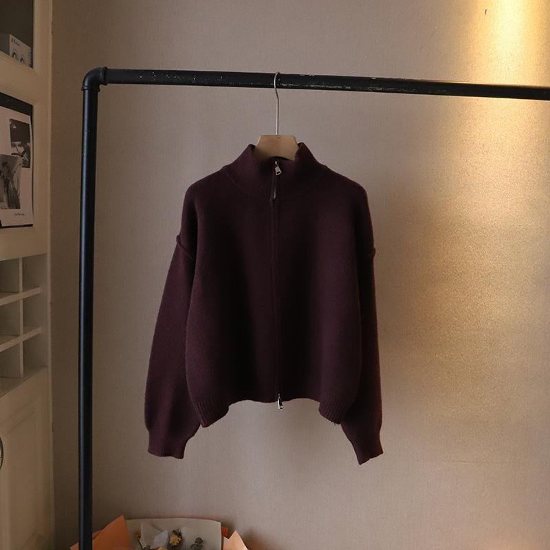 Stand-up collar double zipper knitted cardigan women's 2024 autumn and winter new loose versatile solid color premium sweater jacket