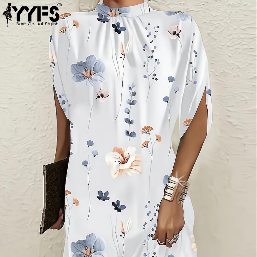 YYFS Women's Fashion Summer Spring Flower Pattern Print 1/2 Sleeves O-Neck Middle Waistline Casual Dresses