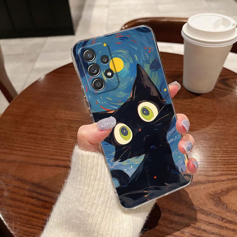 Кот Ван Гог Звездное небо Для Samsung Galaxy A55 Чехол A54 A52 A53 5G A15 A14 A13 A23 A51 A34 A35 A33 A32 A72 A71 Прозрачный чехол для телефона