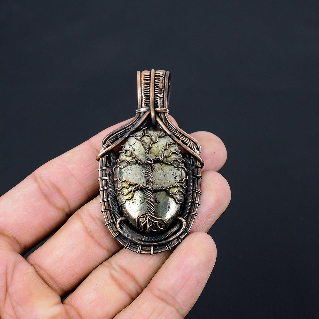 Древо жизни золотой апач пирит драгоценный камень чистая медная проволока обернутая подвеска ручной работы ювелирные изделия для рождественского подарка