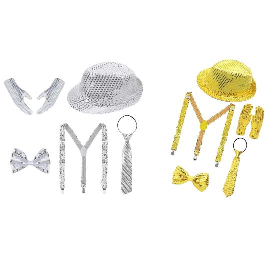 5 шт./компл. Диско-аксессуары 80-х 90-х для мужчин и женщин: шляпа с пайетками, ремень-портупея, перчатки, галстук-бабочка, галстук. Набор диско-костюма для карнавала, маскарада, Хэллоуина