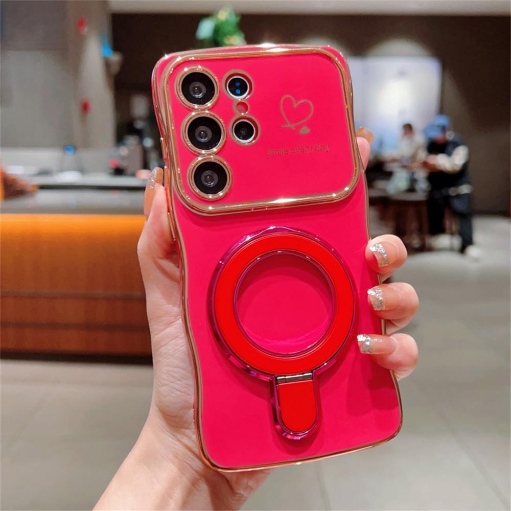 Ring Holder Stand Love Heart Wave Case for Samsung Galaxy S25 Ultra S24 S22 Plus S23 FE A54 A55 A15 A35 Bracket Plating Cover