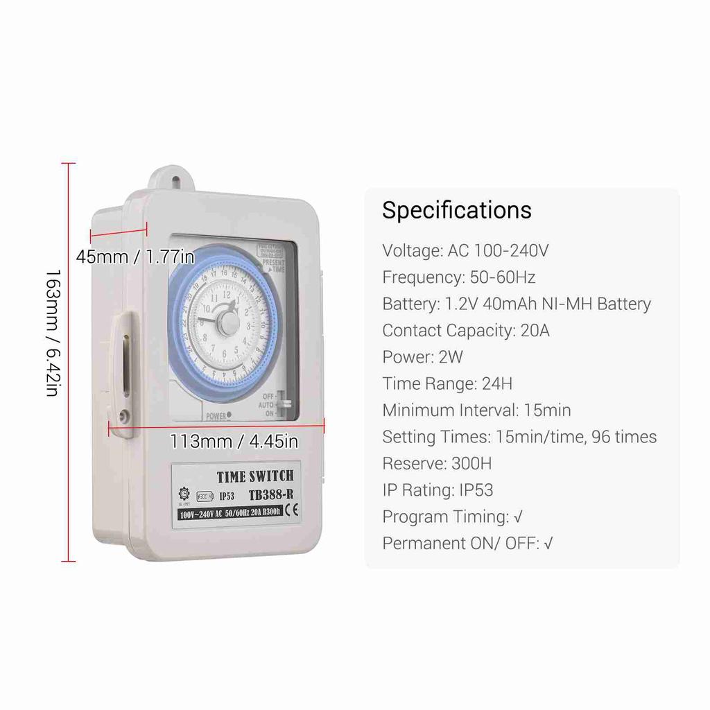 Mechanical 24 Hours Timer Switch IP53 Programmable Electrical Timer Switch Box AC 100-240V 15 Minutes Interval 96 Times ON/ OFF3