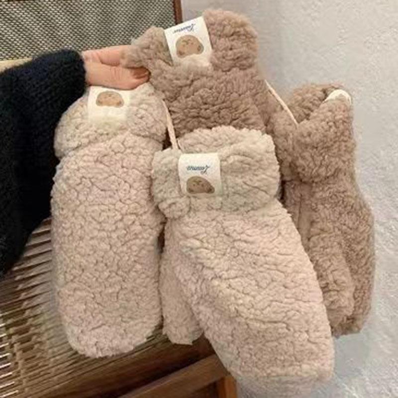 Корейские женские варежки из искусственного меха, плюшевые, утолщенные, теплые, на бретельках, зимние детские перчатки для девочек и мальчиков, из овечьей шерсти, женские зимние перчатки для улицы