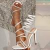 Уличный стиль Кристальный ремешок на щиколотке Женские сандалии Сексуальные тонкие высокие каблуки Квадратный носок Стриптиз-вечеринка Белая женская обувь Zapatos Mujer