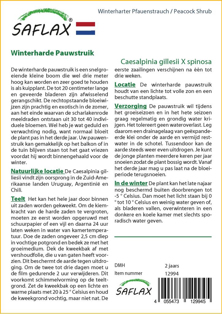 SAFLAX Подарочный набор - Куст павлина - 10 семян - С подарочной коробкой, карточкой, этикеткой и субстратом для горшков - Caesalpinia gillesii