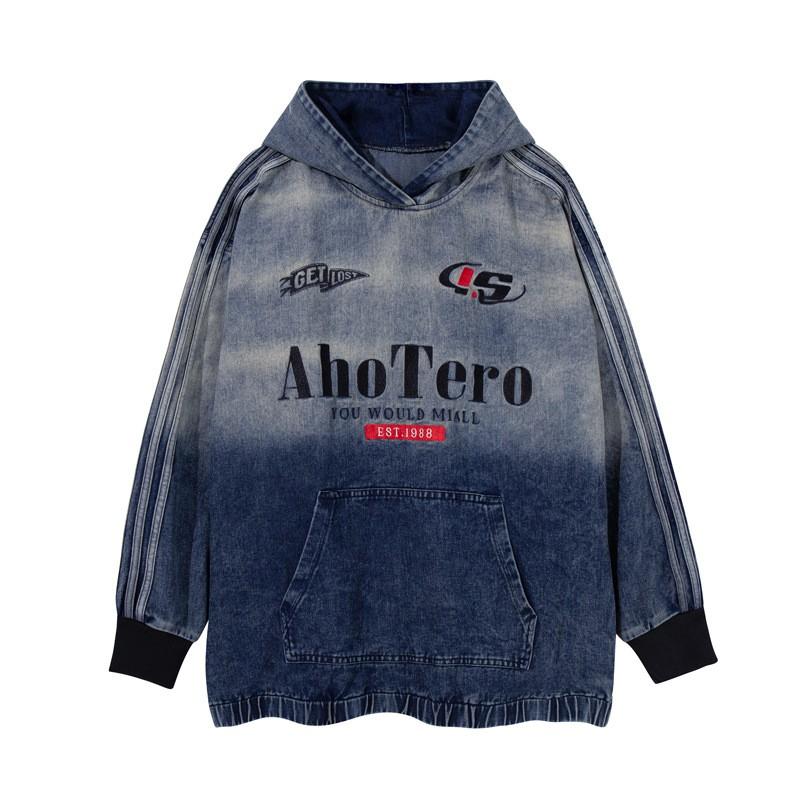 Unisex Oversized Denim Hoodie With Gradient Washed Embroidered Letters Loose Fit Streetwear Sweatshirt Fall