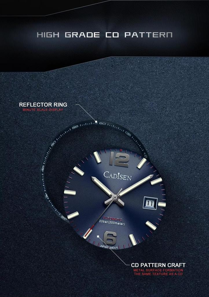 CADISEN Made In NH35 German Retro Water Resistant To 10 Mechanical Case Work Dress Stainless Sapphire Coming of Age Present C8197 Men's Watch,
