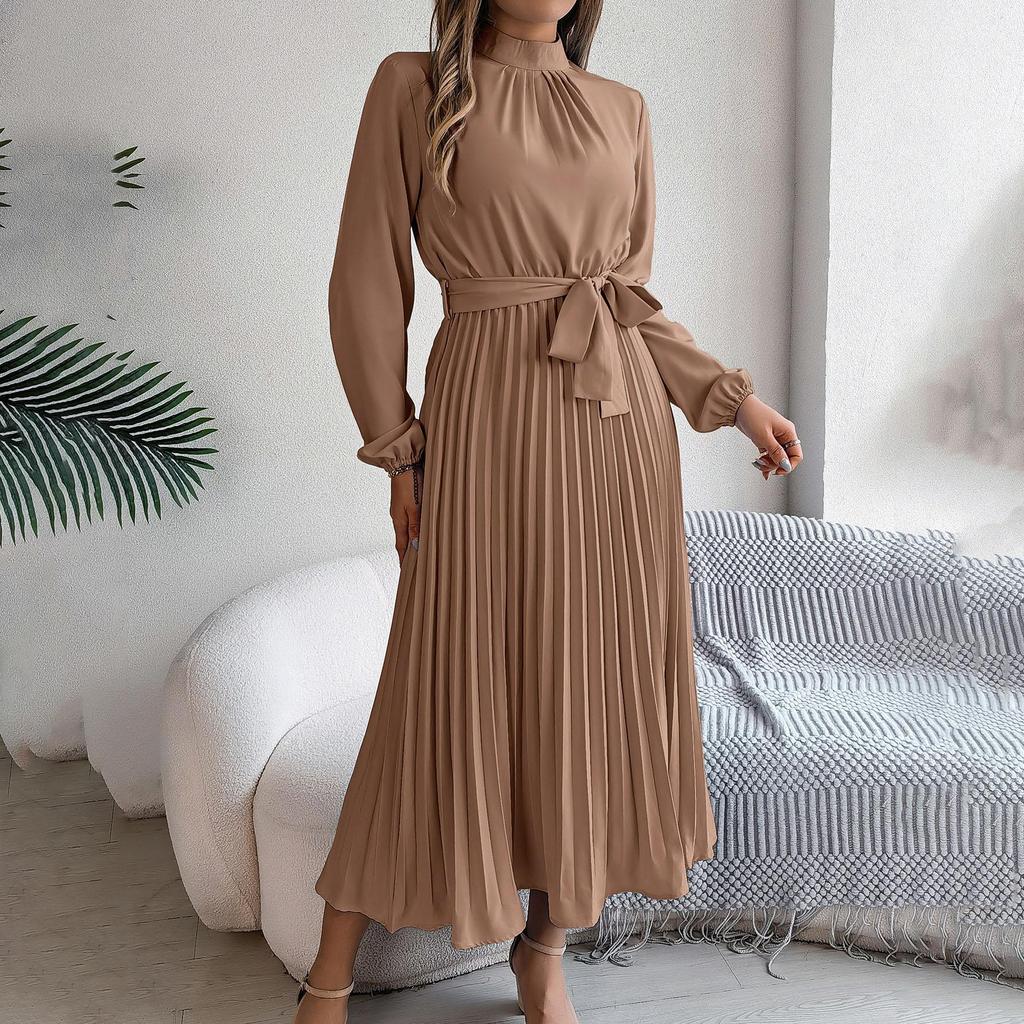 Women's Long Sleeve Maxi Dress Stand Collar High Waist A-Line Dress Loose Solid Color Pleated Long Dress